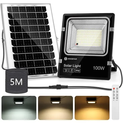 Aigostar - Foco solar exterior con mando a distancia，Cable de 5m.8000mAH，Batería de gran capacidad y gran panel solar.regulable 3000/4000/6500K. Uso interior/exterior IP66:jardín，patio，camino