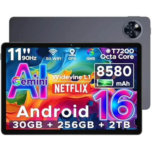 DOOGEETab U11 Pro Android 16 Tablet 11 Pulgadas, 30GB RAM+256GB ROM+2TB TF, Unisoc T7200 Octa-Core 8580mAh Tablets, 90Hz HD Tablet Android, Gemini AI, Widevine L1, Cámara 13MP/5G WiFi/3.5mm Audio/GPS