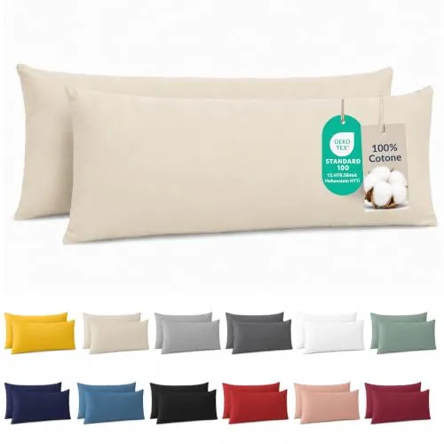 Dreamzie - Funda Almohada 40x145 cm - Juego de 2 - 100% Algodón - Beige | Certificado Oeko-Tex · con Cremallera · Jersey · 150 g/m² · Transpirable · Lavable · Ideal para Cojín de Sofá y Cama