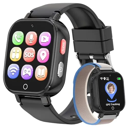 PTHTECHUS 4G Reloj Inteligente Niño con Videollamada, GPS, SOS, Chat de Voz, IP68 Impermeable, Modo Escuela, Podómetro, Despertador, Reloj Infantil Regalo para Niños Niñas de 4 a 12 Años (Negro-8A)