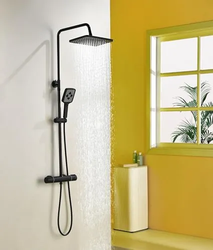 Baollansa Grifo de Columna Ducha Termostático Antiquemaduras 38°con Barra e Ducha Ajustable Ducha Mano 3 Funciones Barra Altura Ajustable 88-125cm con Rociador de 25x25cm (ferrous)