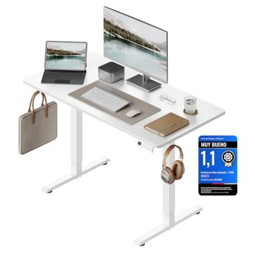 WOLTU Escritorio Elevable Eléctrico, 120 x 60 cm, Blanco | Altura 72-118 cm, con Memoria y Protección Anticolisión, 2 Ganchos, para Oficina, Gaming o Estudio