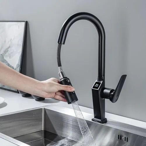 Grifo de Cocina 3 Vías Negro Extensible con Indicador Temperatura LED