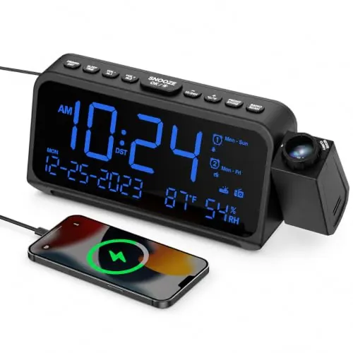ROCAM Radio Despertador con Proyector, Reloj Despertador Digital con 5 Niveles, Modo día Laborable/Fin de Semana, 2 Alarmas, FM, Snooze, Temperatura, Humedad, Luz Nocturna, Cargador USB Type-C (Azul)