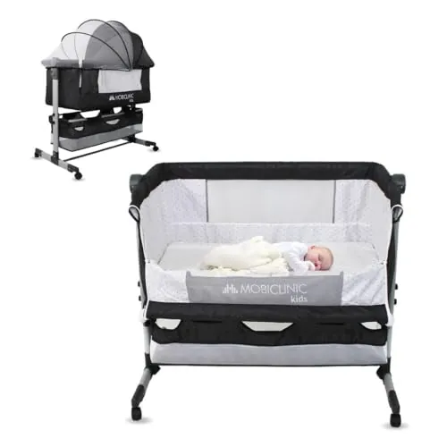 Mobiclinic®, Cuna 3 en 1, Night, Altura Ajustable, Colchón, Mosquitera, Ruedas 360º, Correas de Sujeción, Cesta de Almacenamiento, hasta 20 kg, Negro