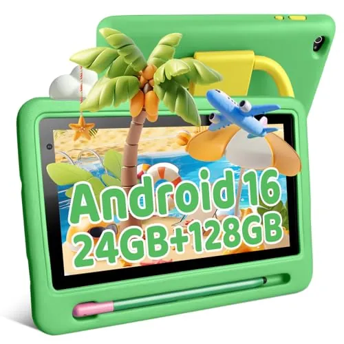 Tableta infantil Android 16, 24GB + 128GB + 1TB ampliable, tableta para niños, control parental, Wi-Fi 6, Bluetooth 5.3, Widevine L1, tableta Android de 7 pulgadas con funda protectora (verde)