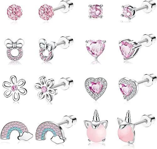 LOLIAS 8 Pares Pendientes Rosca Para Niñas Mujeres Hipoalergénicos Acero Inoxidable 316L Estrella Corazón CZ Multicolor Mariposa Flor Unicornio Gato Tuerca Regalo