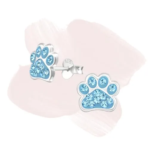 Laimons Kids Pendientes para niña Huella de perro Azul Claro Brillante Plata de ley 925