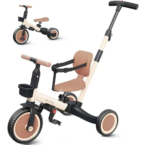newyoo TR007 Triciclo Evolutivo 5 en 1 para Bebé 1-3 Años con Barra de Seguridad y Empuje, Regalo Infantil con Pedales y Modo Bicicleta, Caqui