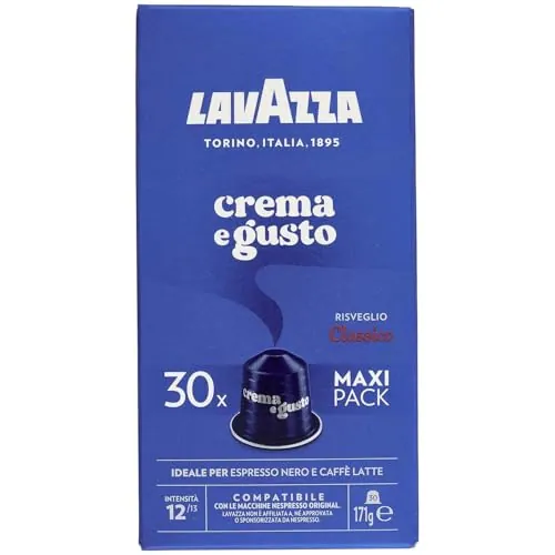 Lavazza, Crema e Gusto Classico, 30 Cápsulas de Café Compatibles con Máquinas Nespresso Original, con Notas de Chocolate, Madera y Especias, Arábica y Robusta, Intensidad 12/13, Tueste Medio