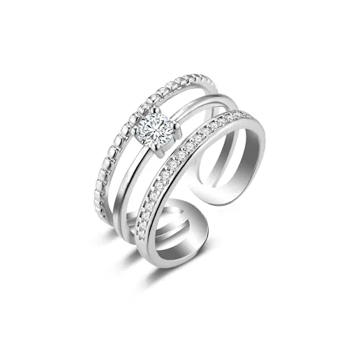 ALEXCRAFT Anillo Plata Mujer, Anillos Circon Grande Ajustable, Anillo Apilable Vintage, Brillante, Hipoalergenicos, Acero Inoxidable, Anillos de Compromiso Amistad, Regalo para Novia Madre