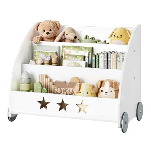 WOLTU Estantería para Niños, Librero Infantil | con 4 Ruedas y 3 Estantes Pequeños, para Habitación Organizador Multiusos, Estante de Mini Libreria, Blanca Madera