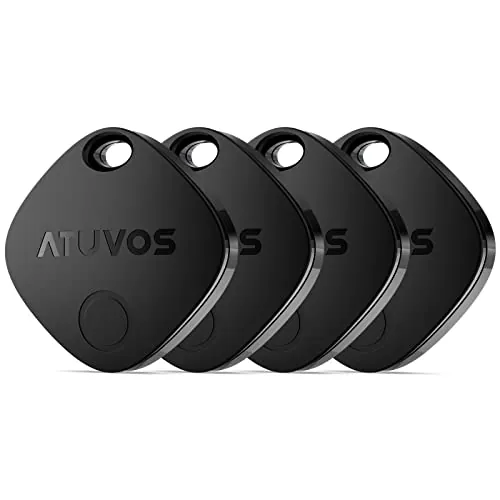 ATUVOS Air Tag Smart Tracker 4 Pack Negro, Buscador de Objetos Bluetooth Funciona con Buscar Apple (Sólo iOS, Android no Compatible), Localizador para Llaves, Maletas, Equipaje. Batería Reemplazable.