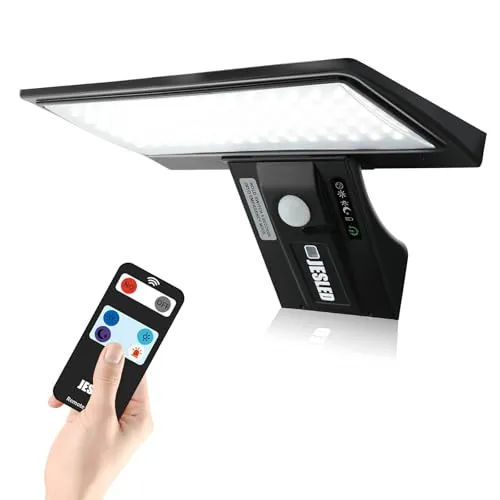 JESLED Luz Solar Exterior 90 LED, Foco Solar Potente con Sensor de Movimiento, Impermeable con 4 Modos Inteligentes para Jardín, Patio, Camino, Escalera
