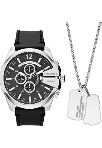 Diesel Mega Chief Series Reloj para hombre, Movimiento cronógrafo con correa de piel, Conjunto en tono negro y plateado, 51 mm