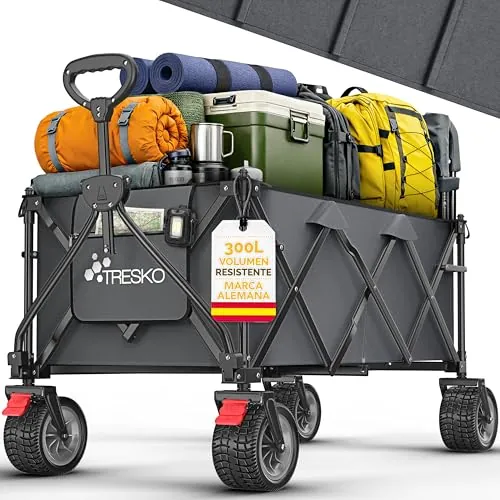 TRESKO® Carro plegable de 300 l con freno, carro de mano plegable, 150 kg, incluye neumáticos de goma, plegable, ruedas extra anchas, con bolsa de transporte (antracita)