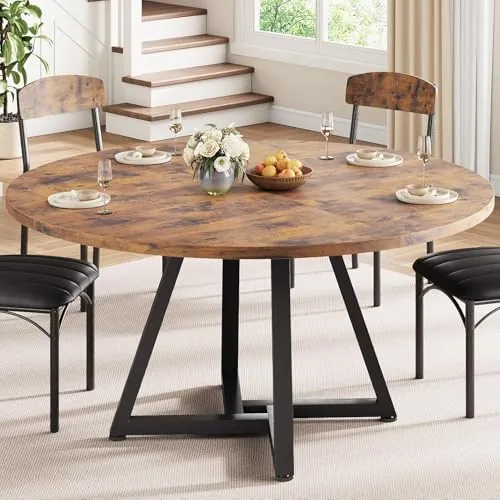 Jocoevol Mesa de Comedor Redonda para 4 Personas, Mesas de Cocina Industrial con Estructura Metálica Estable, Marrón Vintage, 120x120x76 cm