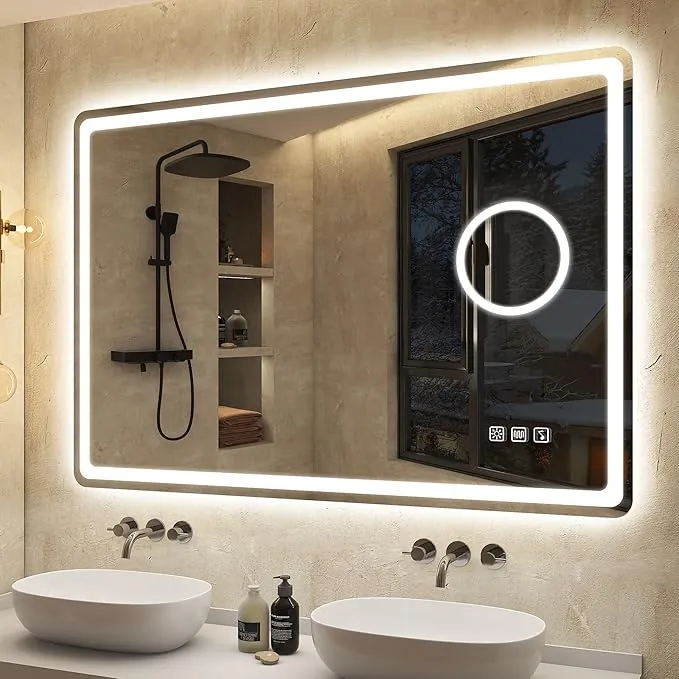 S'bagno Espejo Baño Bluetooth con Luz 100x70cm, IP44, LED con Lupa 5X y Antivaho, 3000K-6500K, Regulable, Memoria, Cristal Templado HD, Espejo de Baño con Luz Led Horizontal/Vertical