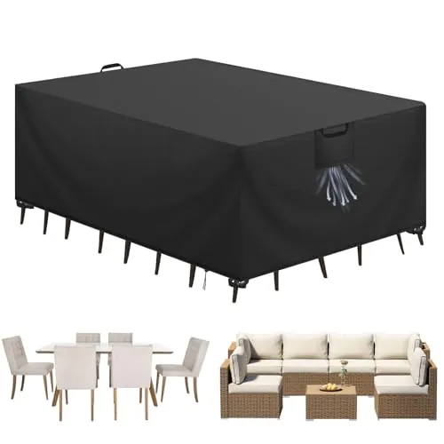 Aujink Funda Mesa Exterior Impermeable, Funda para Muebles de Jardín, Cubierta para Muebles de Jardin Tela Oxford 420D Anti Viento Anti UV Funda Protectora Mesa Exterior, Negro,180x120x74cm