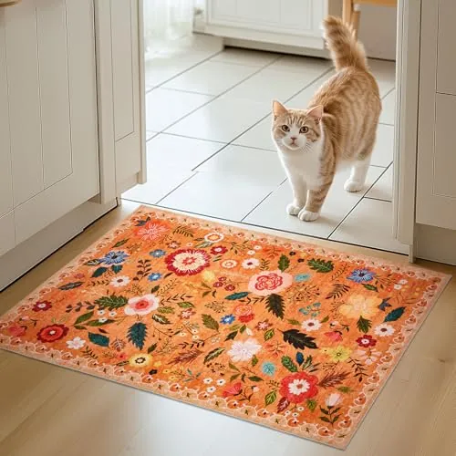 Alfombra de salón, 66 x 100 cm, estilo vintage floral, lavable y antideslizante, diseño ultrafino con estampado plano, ideal para dormitorios, habitaciones infantiles, baños, cocinas, color naranja