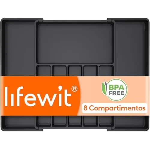 Lifewit Organizador Cubiertos Cajón Cocina, Bandeja para Menaje Extensible | Cubertero Compacto para Almacenar Cucharas, Tenedores y Cuchillos, Ancho 39-68 x Fondo 47 cm, Lote 1, Negro
