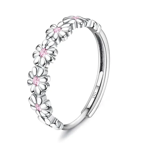 MILACOLATO Ley 925 Anillo Margarita Rosa Circón Cúbico Abierto Ajustable Delicado Declaración de Dedo Anillos Plata Pulgar para Mujer Chica