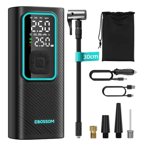Compresor Aire Portátil de 10,3Bar, Inflador Ruedas Coche a Batería 6000 mAh y 12V DC, Mini Inflador Electrico para Auto, Moto, Bicicleta y Pelota, Bomba de Aire con Función de Luz LED, Carga USB-C