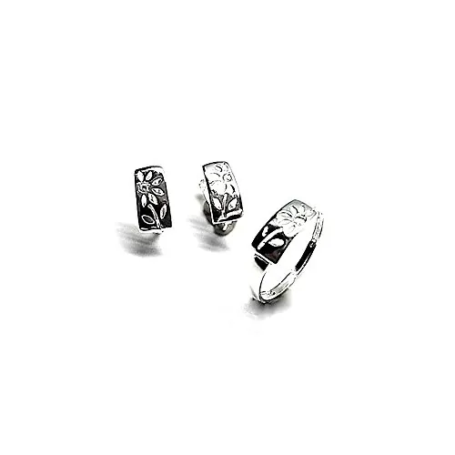Juego plata Ley 925m pendientes sortija centro rectangular flor caladas primera comunión niña