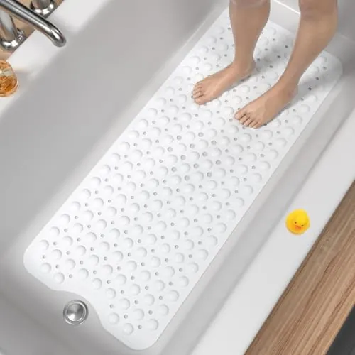 HITSLAM Alfombra de bañera Antideslizante, 101x40cm Extra Grande Alfombra Ducha Antideslizante con Ventosa, Resistentes al Moho y Lavables a máquina Alfombra baño, Blanca