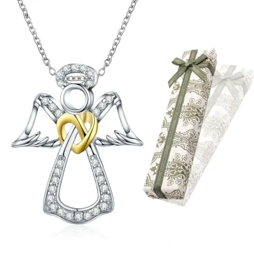 KSJEHW Cadena de ángel de la guarda de plata de ley 925, colgante de ángel con cristales, bautizo, comunión, regalos de cumpleaños para niñas y niños（Con caja de regalo)