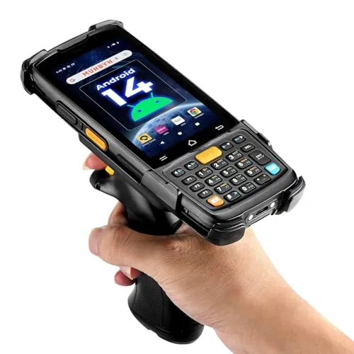 MUNBYN Escáner Códigos Barras Android 14, PDA Portátil 4GB+64GB con Pistola, Módulo HS7 1D/2D, Pantalla 4" Táctil, 5000mAh, para Inventario, MC005