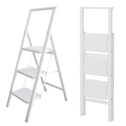 UABA Escalera Plegable 3 peldaños Blanca, Liviana y Estable, peldaños Anchos Antideslizantes, EN 131 150 kg