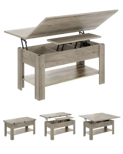 KIMENICH Mesa de Centro Regulable en Altura, Almacenamiento Oculto, 3 en 1, Multifunción, Mesa de Salón, Mesa de Café, Compartimento Abierto, Mesa de Comedor, para Salón, Oficina, Gris