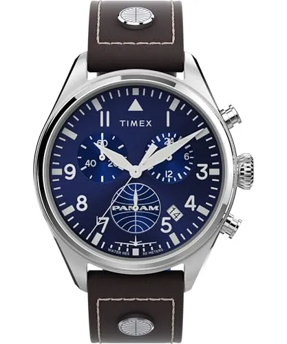 Timex Chronograph - Reloj de 42 mm para hombre, cuero marrón, esfera azul, caja de acero inoxidable TWG030000
