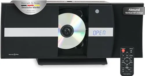 Bennett & Ross Ålesund Sistema estéreo Vertical - Microsistema HiFi con Reproductor de CD, MP3, función UKW, USB y Bluetooth con NFC - De pie o de Pared - Mando a Distancia Incluido - Negro