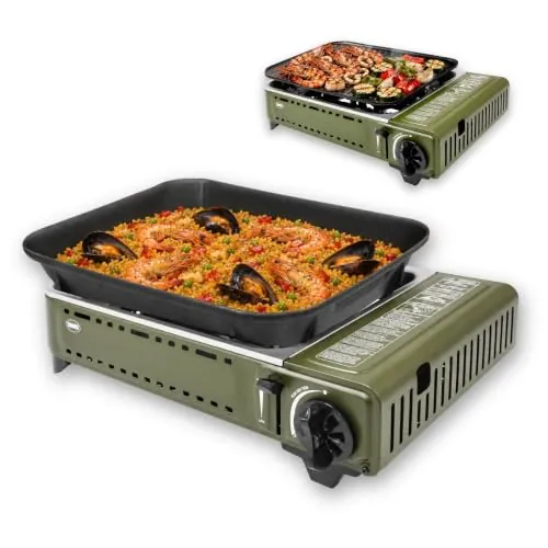 Amig - Camping Gas | Cocina Portatil | Kit Hornillo Grill - Parrilla Fundicion Aluminio + Plancha Con Tapa Cocción | Con Bandeja Recoge Grasas De Acero Inoxidable | 1,8 Kw Potencia