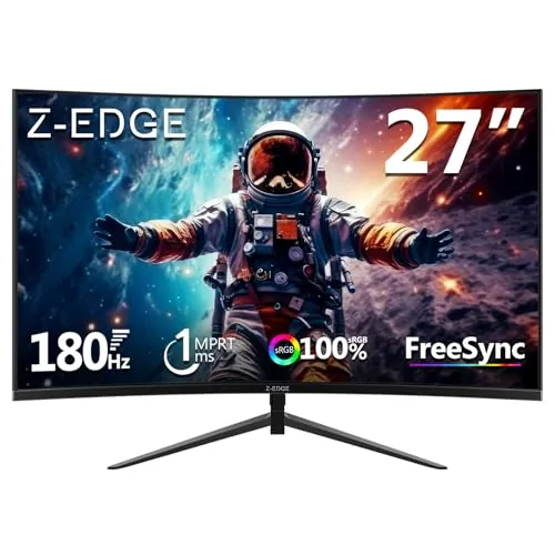 Z-Edge Monitor Gaming Curvo 27 Pulgadas 180 Hz, 1ms, FreeSync, Pantalla FHD 1080P, 350 CD/m², 1500R VA Sin Marco, HDMI2.0 & DP1.4, VESA, sRGB 99%, 178° ángulo de visión, Inclinación Ajustable