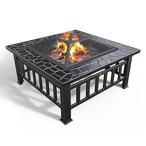 VOUNOT® Brasero Exterior para Jardín y Terraza, 3 en 1 Metal Fire Pit, Pozo de Fuego con Protector de Chispas, 81 x 81 x 45 cm