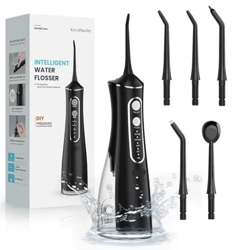 Irrigador Dental Portátil, 300ML Irrigador Bucal Profesional con Tecnología DIY Autoajustable, 5 Boquillas y 4 Modos, Ideal para Ortodoncia y Encías Sensibles, Inalámbrico IPX7 para Viaje Hogar