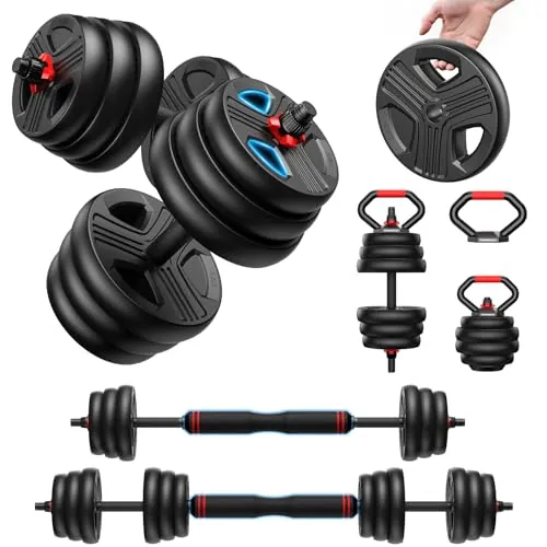 FEIERDUN 10kg-40kg Juego de Pesas y Mancuernas Ajustables, Kit Pesas 5 en 1 con Barra, Pesas Rusas y Soportes Para Flexiones, Equipo de Entrenamiento Progresivo para Toda la Familia