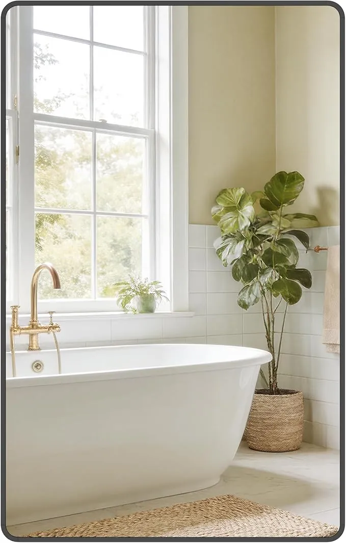 SONGMICS Espejo de Baño, Espejo de Pared, Rectangular, Marco de Aluminio, 110 x 70 cm, Lámina de Seguridad, 2 Opciones de Montaje, para Salón, Dormitorio, Negro Tinta LWM016BD01