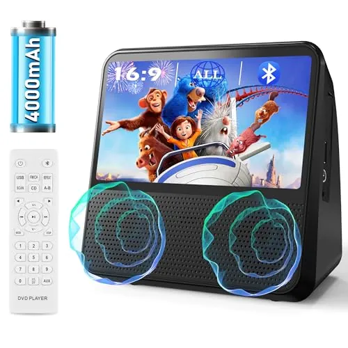 4000mAh Reproductor DVD Portátil Recargable, HD 9,8" DVD Player Todas Las regiones, Compatible con DVD/CD/Bluetooth/AUX/RCA/USB, Temporizador, Control de Brillo, Música Bluetooth, Mando a Distancia