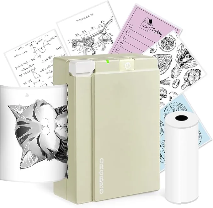 ORGBRO Mini Impresora Termica, X3 Bluetooth Impresora Pegatinas Autoadhesivas Portatil, con 1 Rollo de Papel Térmico, 300DPI Impresora Fotográfica Adecuado para Notas de Estudio, Fotos, Verde Oliva