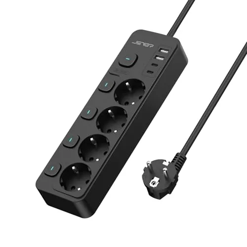 JSVER Regleta Enchufe USB de 4 Tomas con 4 Interruptor Individualcon, Regleta 4 USB Puertos(2 A,2 C) Alargadera Electrica para el hogar, la Oficina y los ViajesCable 2m-Negro
