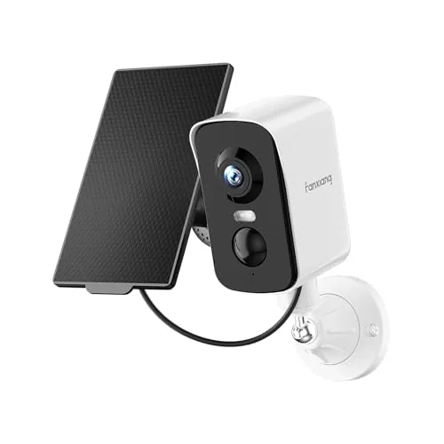 fanxiang Camara Exterior Solar Inalámbrica 2K, Vigilancia Cámara de Seguridad Exterior sin Cables con Panel Solar & Tarjeta 64GB Visión de 360°, Visión Nocturna en Color, Detección AI, PIR, IP65