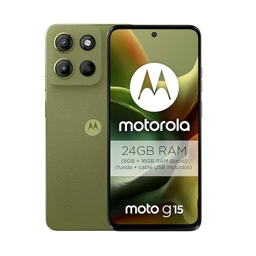 Motorola Moto g15 24GB (8G+16GB RAM Boost)/128GB Verde, España, Pantalla de 6.72'' FHD+, Sistema de cámaras de 50 MP y Objetivo Ultra Gran Angular, Batería 5100 mAh, Carga TurboPower, Soft Luxe