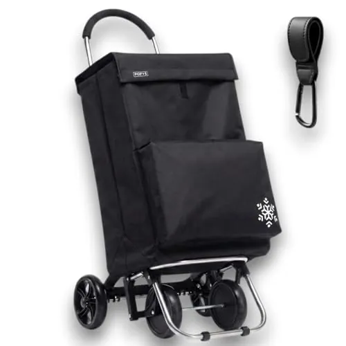 POPYS® Carro de la Compra de 50L + Gancho Multiusos de Regalo con Compartimento Refrigerante | Carrito Compra de 4 y 2 Ruedas Ideal para Supermercado (Requiere Montaje) (Negro.)
