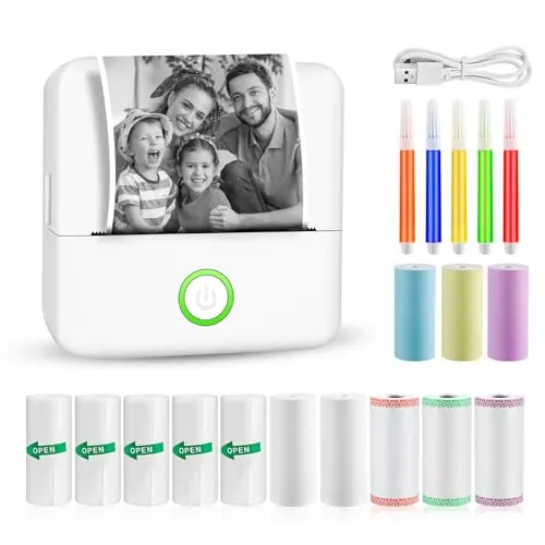 GuKKK Mini Impresora fotográfica portátil, inalámbrica, impresora térmica portátil, con 13 rollos de papel y 5 lápices de colores, smartphone Bluetooth, para lista, diario