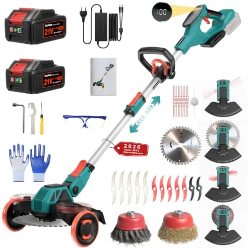 Cortador de Hierba inalámbrico de 21 V, Compatible con baterías Makita, desbrozadora con Cepillo de deshierbe, 2 baterías 4,0 Ah Incluidas, Motor sin escobillas de 900 W para césped, jardín, Patio