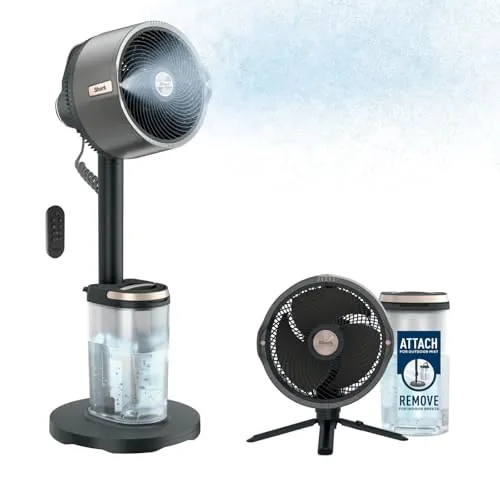 Shark FlexBreeze Pro Mist Ventilador sin cable para interior y exterior con nebulizador, depósito portátil, alcance de 20 m, de pedestal o mesa, 5 velocidades, mando a distancia, gris carbón, FA300EU